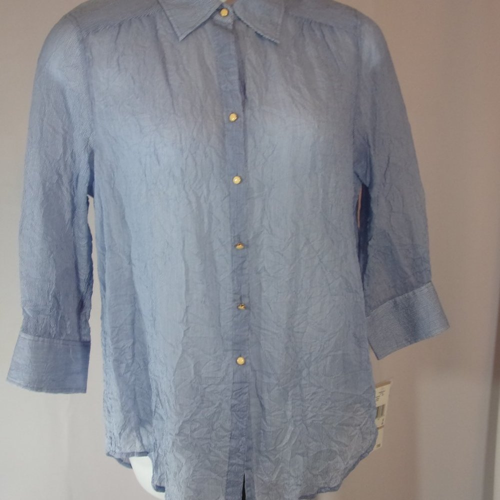 Kasper Classic Blouse Blue Pin Stripes Size 12